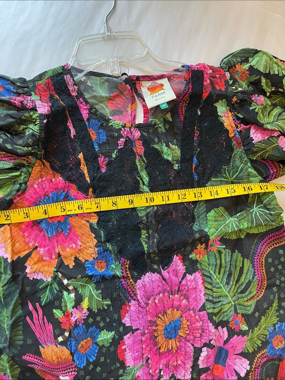 Farm Rio Black Floral Lace-Trim Blouse Pink & Green Accents Viscose Boho size XS - Picture 4 of 10